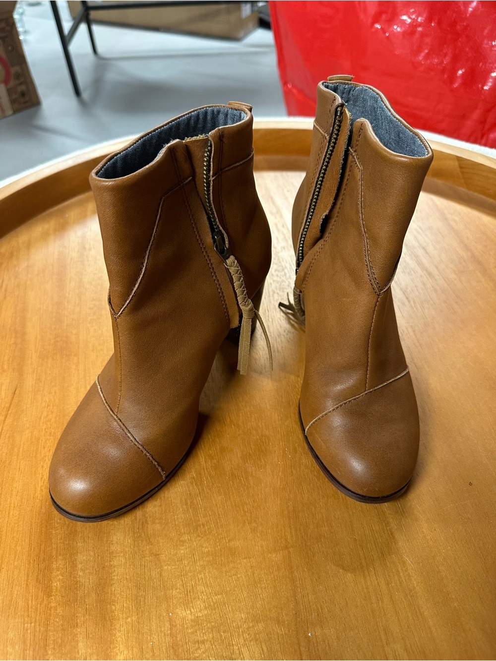Toms Brown Faux-Leather Ankle Booties with Side Zip & Tassel
